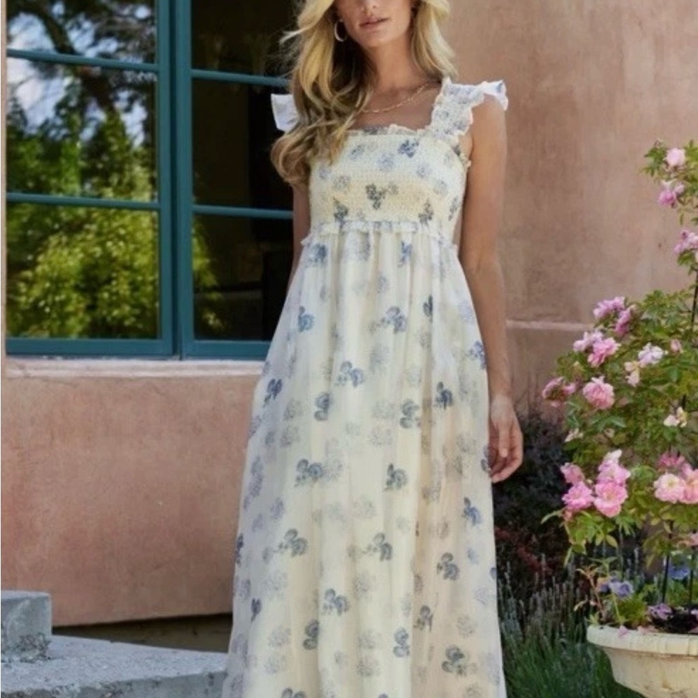 NWT BALTIC BORN Phoebe Midi Dress Cream Blue Floral Size S Smocked Ruffle Bodice
